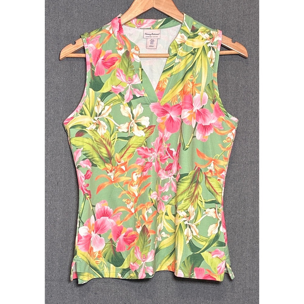Tommy Bahama Everyday Active Sleeveless Tropical Floral Orchid Golf Top Green M